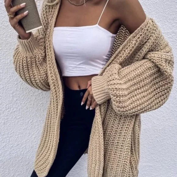 Chunky Knit Open front comfy cozy sweater Cardigan khaki - Picture 3 of 14